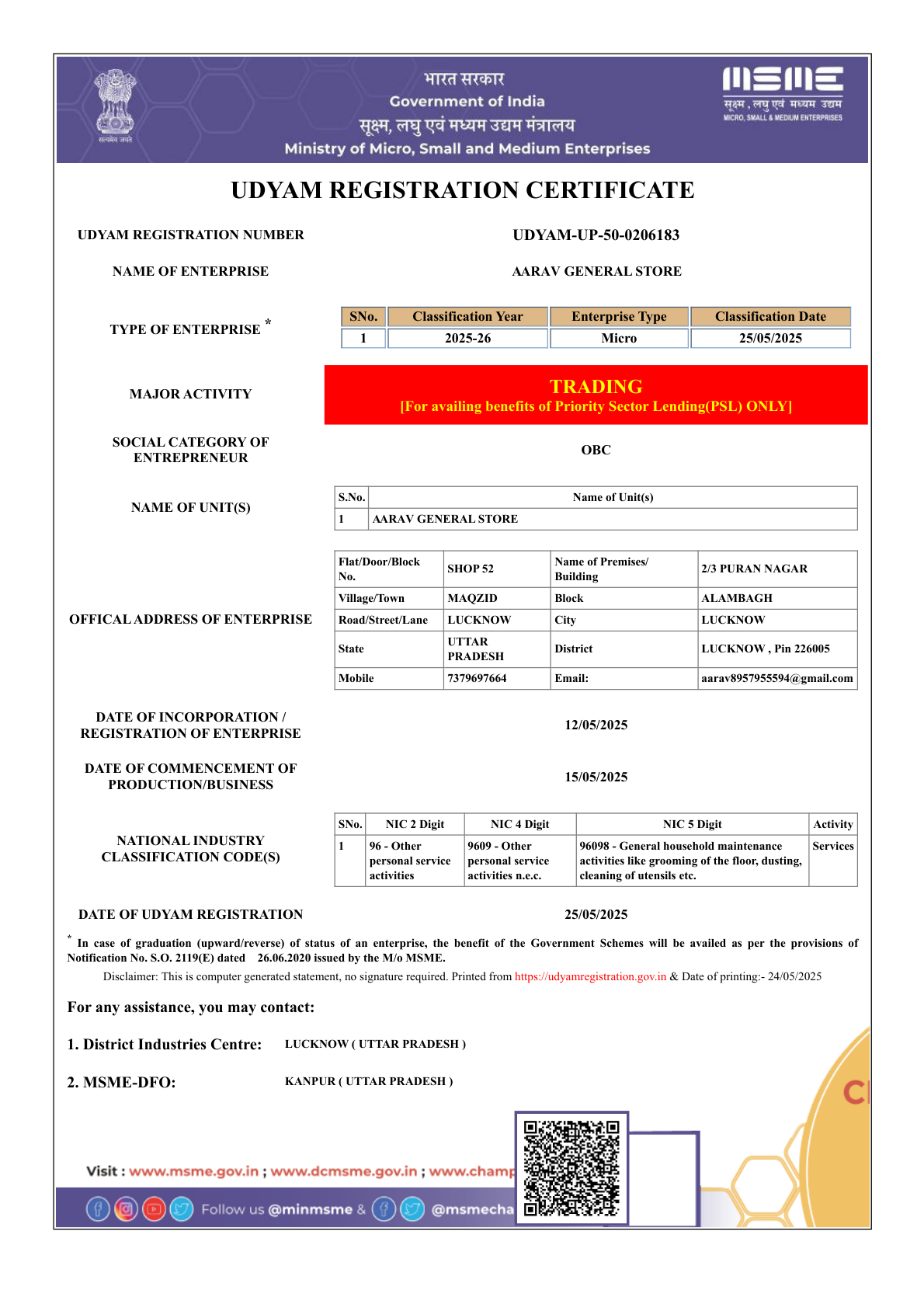 Original AARAV GENERAL STORE Udyam Registration Certificate